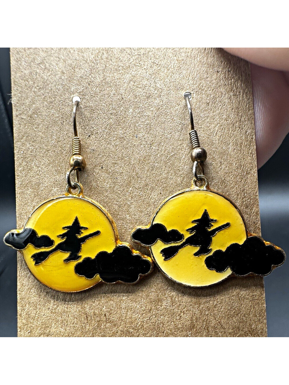 Halloween Witch on Broom Moon Dangle Hook Earrings Yellow Black Gold